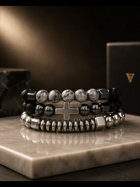 Black and Gray Men's Layered Beaded Bracelet Set